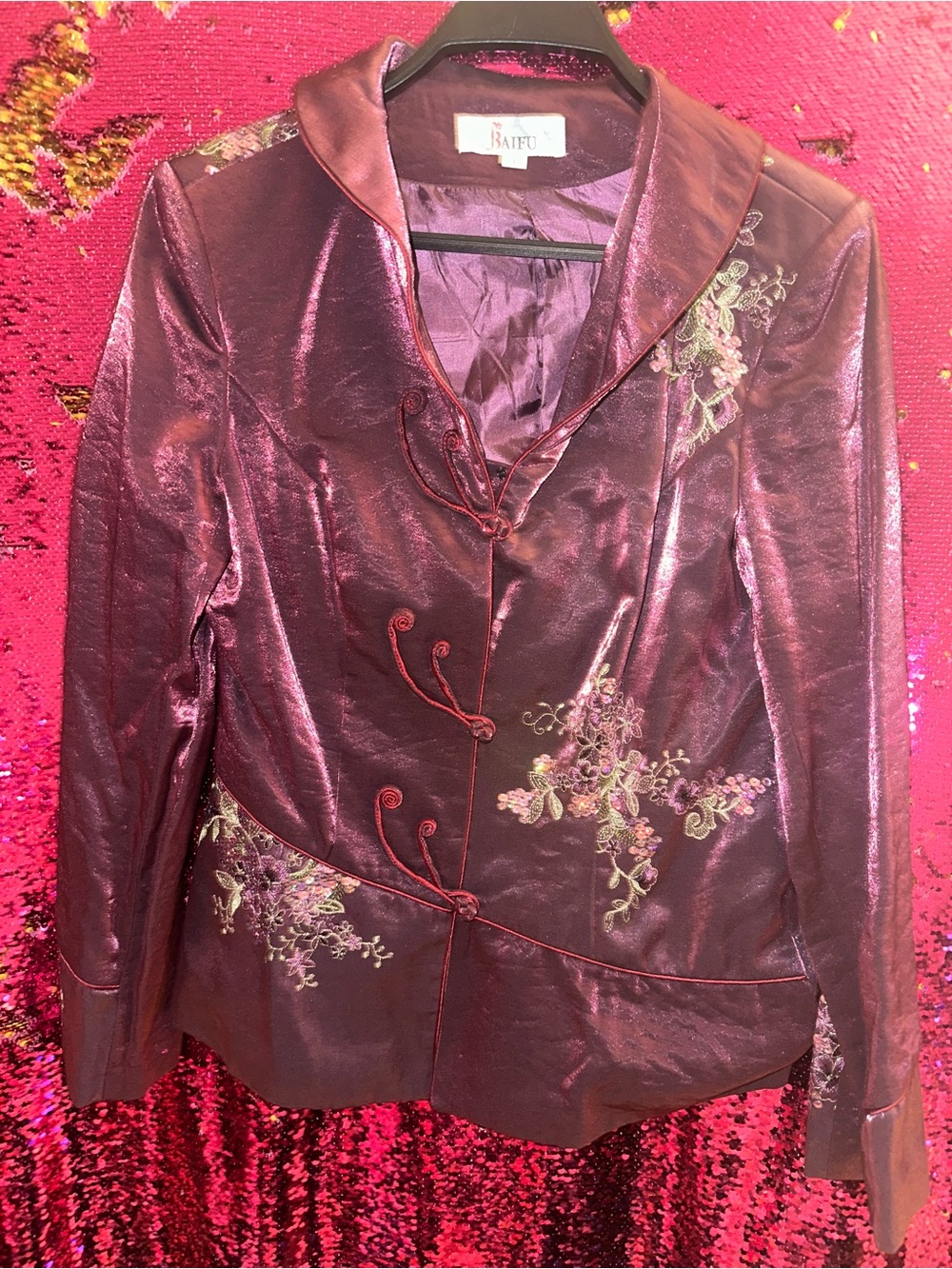 Women's Burgundy Satin Embroidered Jacket